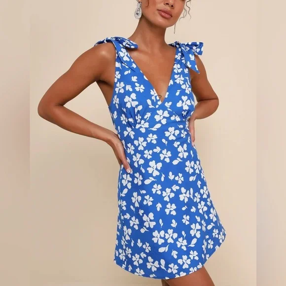 NWT! Lulus Bright Affection Cobalt Blue Floral Tie-Strap Mini Dress (Size XS) - Picture 2 of 9